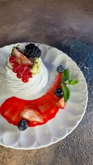 top view pavlova dessert close-up sweet dessert on the table