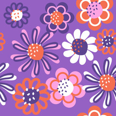 Fun flowers, botanical, garden. Seamless pattern, super colorful, youthful, trend. Reminds me of the 70s. Vector print for fabrics, with different flowers, foliage. Purple, pink, orange. Design