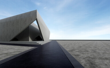 Empty concrete floor for car park. 3d rendering of abstract building with blue sky background.