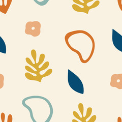 Seamless pattern with abstract organic shapes and plants. Vector light background flat hand-drawn style for stationery, textile, wallpaper or surface design