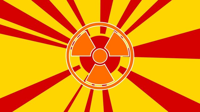 Radiation symbol on the background of animation from moving rays of the sun. Large orange symbol increases slightly. Seamless looped 4k animation on yellow background