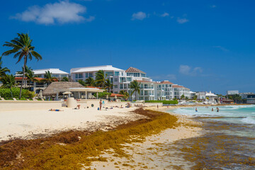 Fototapeta premium Sandy beach on a sunny day with hotels in Playa del Carmen, Mexico