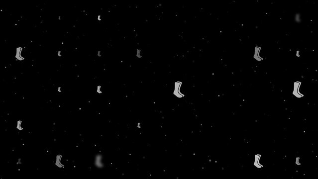Template animation of evenly spaced socks symbols of different sizes and opacity. Animation of transparency and size. Seamless looped 4k animation on black background with stars