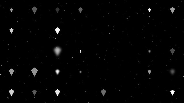 Template animation of evenly spaced kite symbols of different sizes and opacity. Animation of transparency and size. Seamless looped 4k animation on black background with stars