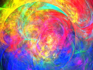 Velours gordijnen Mix van kleuren Digitale lichtkunstcompositie bestaande uit geagglomereerde doorschijnende elliptische lijnen met een donkere achtergrond in iets dat eruitziet als een omhullende storm van regenboogenergie.