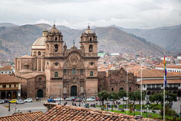 View of the cathedral of Cusco in its main square and tiled roofs of the place, Peru