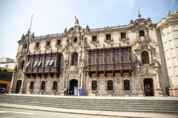 Building of the archbishopric of Lima with its respective wooden balconies, in the main square, Peru