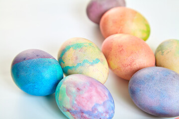 Group of easter painted eggs on white background