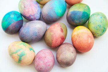 Group of easter painted eggs on white background