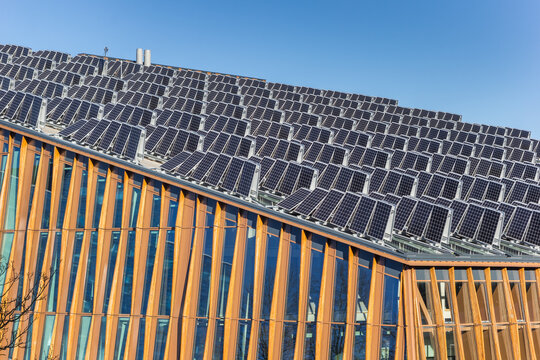 Solar panels on the roof of the Energy Academy Europe building in Groningen, Netherlands