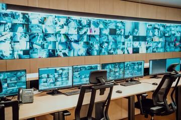 Empty interior of big modern security system control room, workstation with multiple displays,...