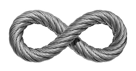 Infinity sign made of wire rope, metal hawser, steel cable. 3D render isolated on white background. - obrazy, fototapety, plakaty