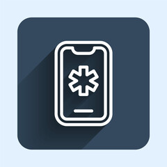 White line Telephone with emergency call 911 icon isolated with long shadow background. Police, ambulance, fire department, call, phone. Blue square button. Vector