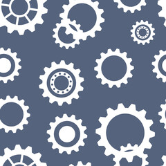 Gears machine mechanism white on blue seamless pattern
