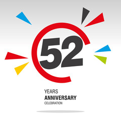 52 Years Anniversary, number in broken circle with colorful bang of confetti, logo, icon, white background