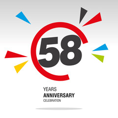 58 Years Anniversary, number in broken circle with colorful bang of confetti, logo, icon, white background