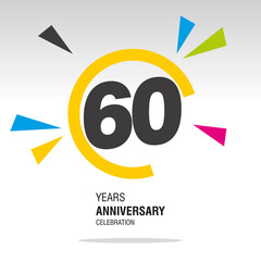 60 Years Anniversary, number in broken circle with colorful bang of confetti, logo, icon, white background