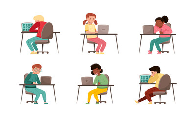 Distance Education with Secondary School Student Sitting at Desk in Front of Laptop Vector Set