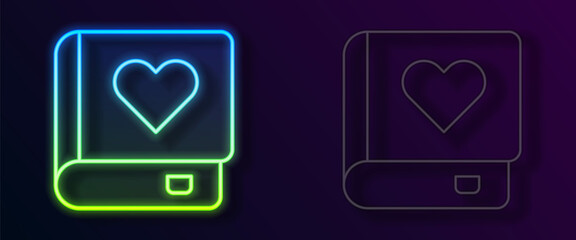 Glowing neon line Romance book icon isolated on black background. Vector