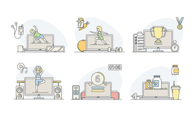 Online Sport and Physical Exercise with Computer Screen and Timer Vector Set