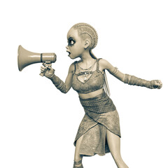 viking girl is talking and protesting with megaphone in her hand