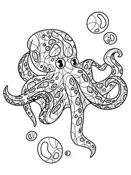 Sea animal. Isolated octopus with air bubbles. Freehand sketch for adult antistress coloring page with doodle and zentangle elements.
