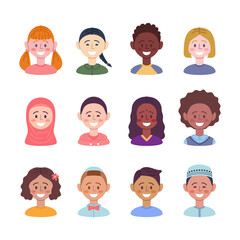 Cartoon Color Characters Kids Portraits Set Flat Design Style Faces of Girls and Boys. Vector illustration