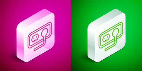 Isometric line Electrical outlet icon isolated on pink and green background. Power socket. Rosette symbol. Silver square button. Vector