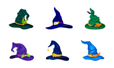 Witch Pointed Hat with Strap and Wide Brim as Sorceress Wear Vector Set