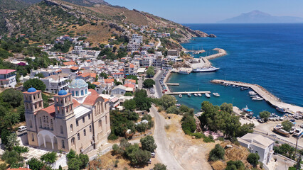 Aerial drone photo of Agios Kirykos, famous picturesque port and capital of Ikaria island, Northeast aegean, Greece