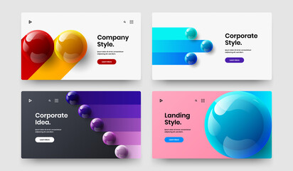 Simple corporate brochure vector design concept collection. Bright realistic spheres pamphlet template bundle.