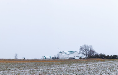 Amish farm in the distance behind a snowy field in Holmes County, Ohio