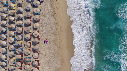 Aerial drone photo of famous bay and organised sandy beach of Livadi Armenistis, popular for...