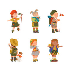 Cute Boy and Girl as Junior Scout Camping at Nature Vector Set