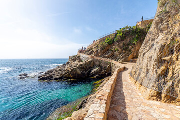 View of the Mediterranean sea and coast of Costa Brava from the Cala Banys nature walk and gardens at the town of Lloret de Mar, Spain.
