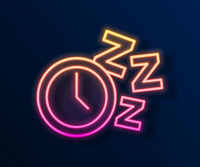 Glowing neon line Alarm clock icon isolated on black background. Wake up, get up concept. Time sign. Vector