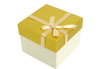Fototapeta premium Gift box white background is tied with yellow ribbon with bow.