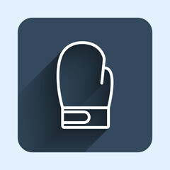 White line Boxing glove icon isolated with long shadow background. Blue square button. Vector