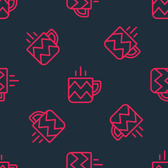 Naklejka premium Red line Cup of tea icon isolated seamless pattern on black background. Vector