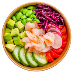 Poke with shrimps, avocado,edamame, cabbage, tomatoes and cucumbers top view isolated on white background