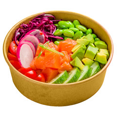 Poke with salmon, avocado, edamame, cabbage, tomatoes and cucumber isolated on white background