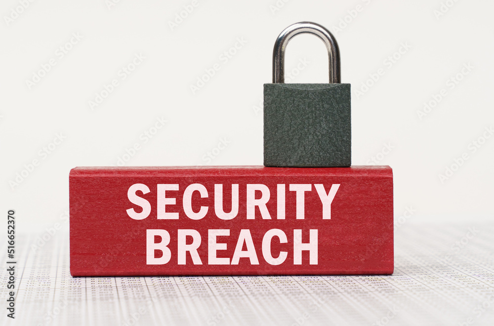 Poster On the reports there is a red block with the inscription - Security Breach and a lock.