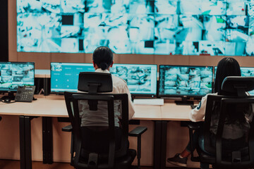 Group of Security data center operators working in a CCTV monitoring room looking on multiple monitors Officers Monitoring Multiple Screens for Suspicious Activities Team working on the System Contr