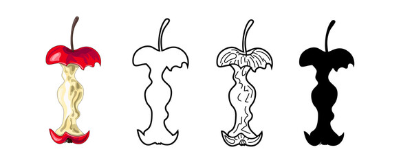 Set of four apple cores- cartoon style, black silhouette, doodles and outline. Vector illustration, isolated on white background