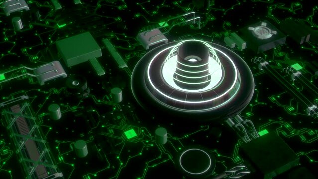 Abstract control panel of a futuristic computer machine. Glowing indicators of an alien computer.