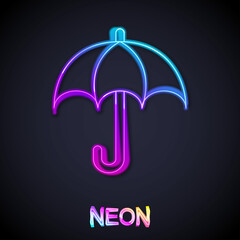 Glowing neon line Umbrella icon isolated on black background. Insurance concept. Waterproof icon. Protection, safety, security concept. Vector