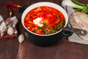 Borsch is a traditional Ukrainian Russian hot soup. Beets, cabbage, carrots, potatoes, peppers, onions, dill, parsley, in meat broth, with sour cream. Served with chili, garlic, onion, bacon, bread