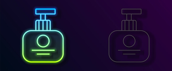 Glowing neon line Tube of hand cream icon isolated on black background. Vector