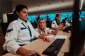 Group of female security operators working in a data system control room Technical Operators Working at workstation with multiple displays, security guards working on multiple monitors in surveillan