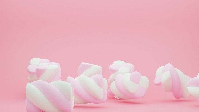 Falling pastel pink marshmallow twists on a pink background.Sweet 3D animation